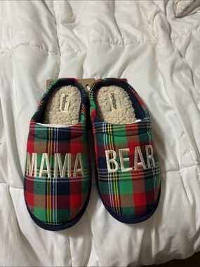 dearfoams Plaid 'Mama Bear' Slip-On Slippers - Red, Green, Navy